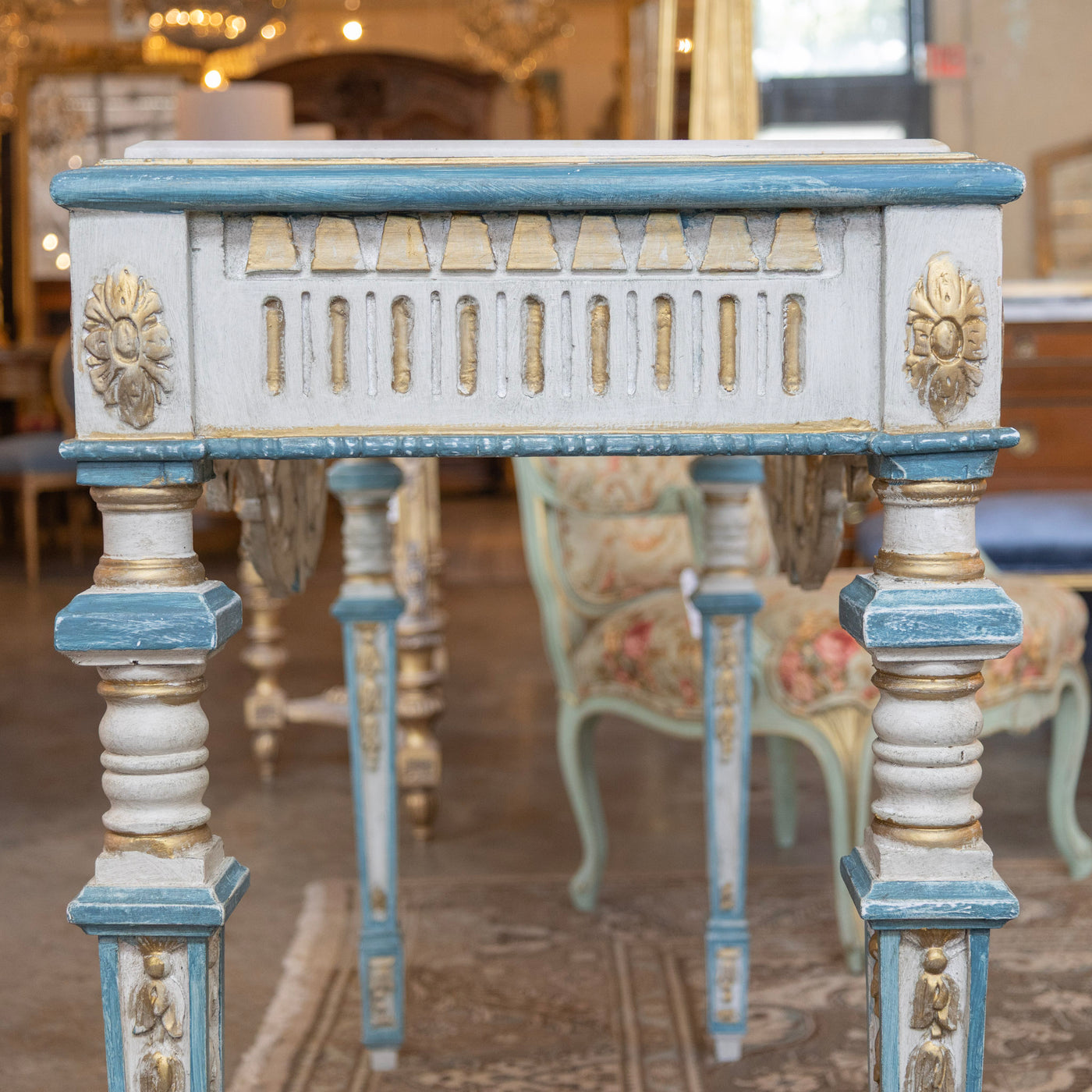 Louis XVI Gilded Console Table – Hand-Painted Blue & Gold with White Marble Top