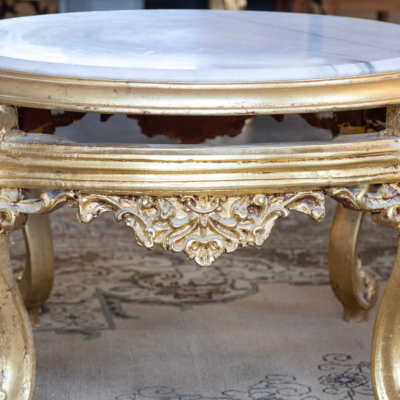 Louis XV Gilded Round Coffee Table – White Marble Top