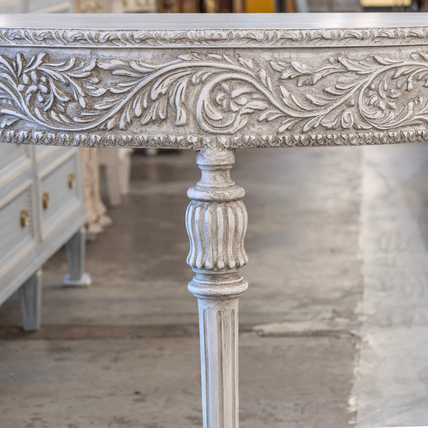 Louis XVI Carved Wood Demilune Console Table - Distressed Grey Finish