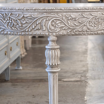 Louis XVI Carved Wood Demilune Console Table - Distressed Grey Finish