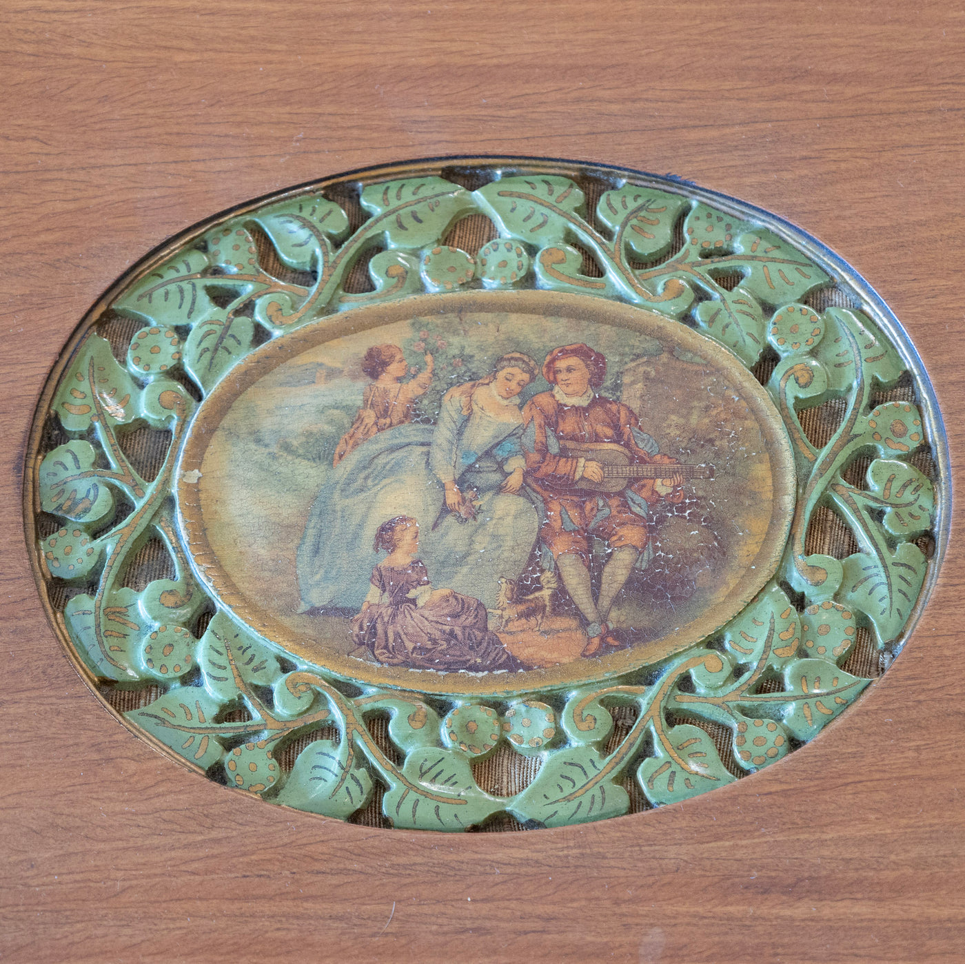 French Carved Side Table – Hand-Painted Inset Scene & Green Trim