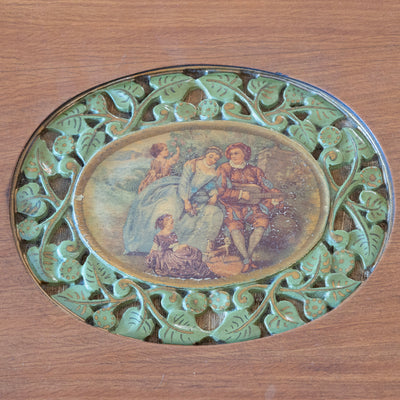 French Carved Side Table – Hand-Painted Inset Scene & Green Trim