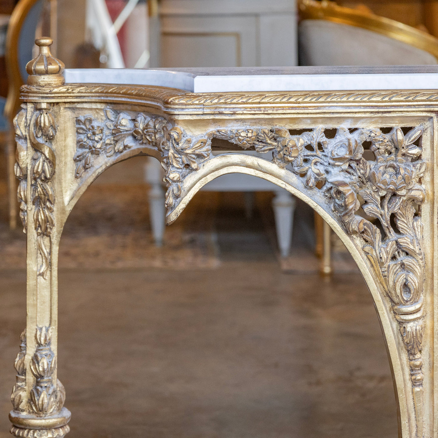 Louis XVI Ornate Gilded Console Table – Hand-Carved Florals & White Marble Top