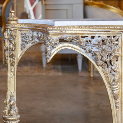 Louis XVI Ornate Gilded Console Table – Hand-Carved Florals & White Marble Top
