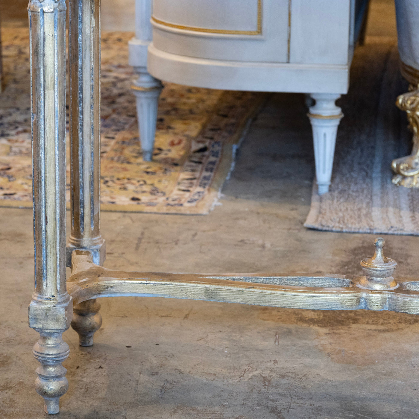 Louis XVI Gilded Champagne Gold Console – Carved Apron & White Marble Top