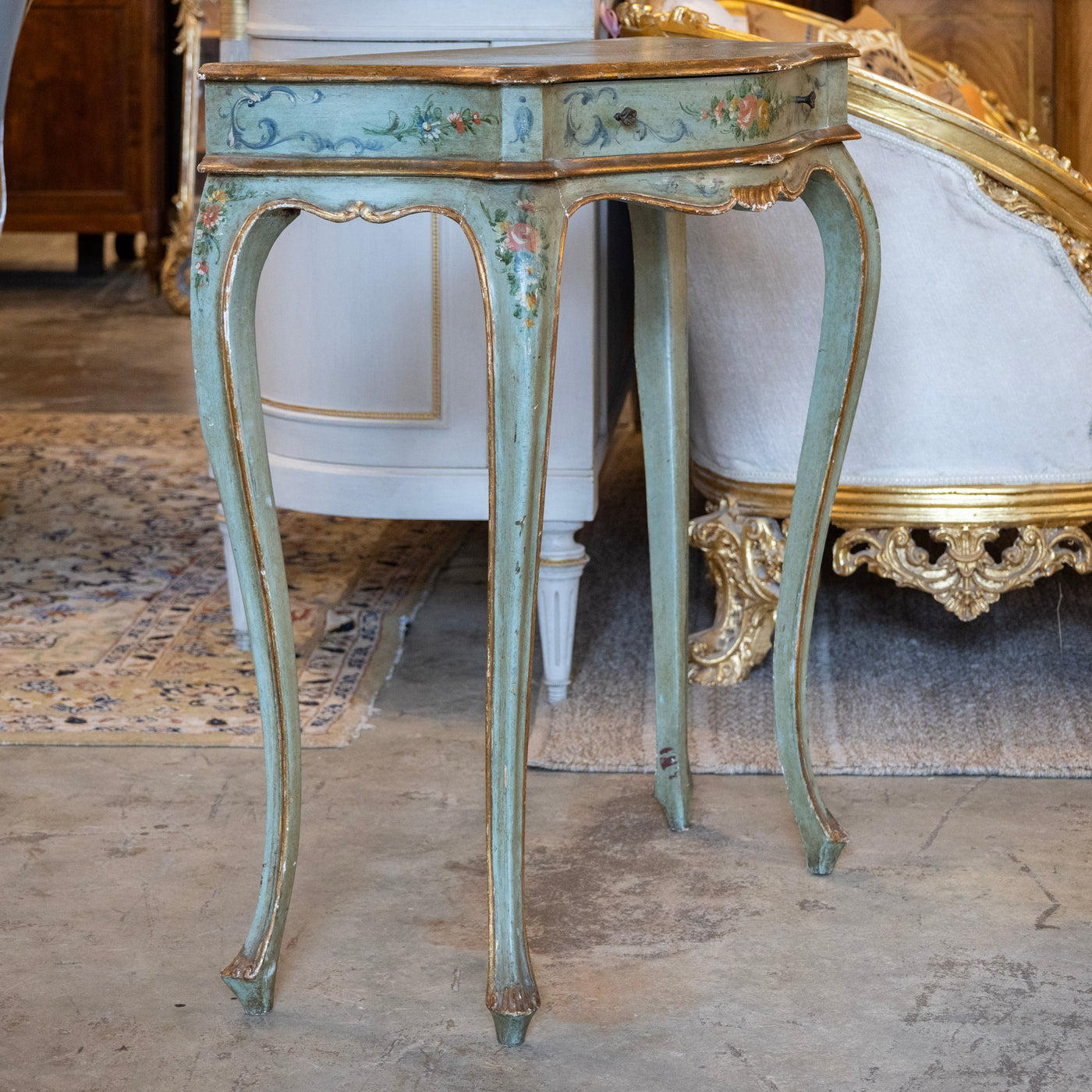 Italian Painted Console Table – Green with Floral Motifs & Gilded Accents