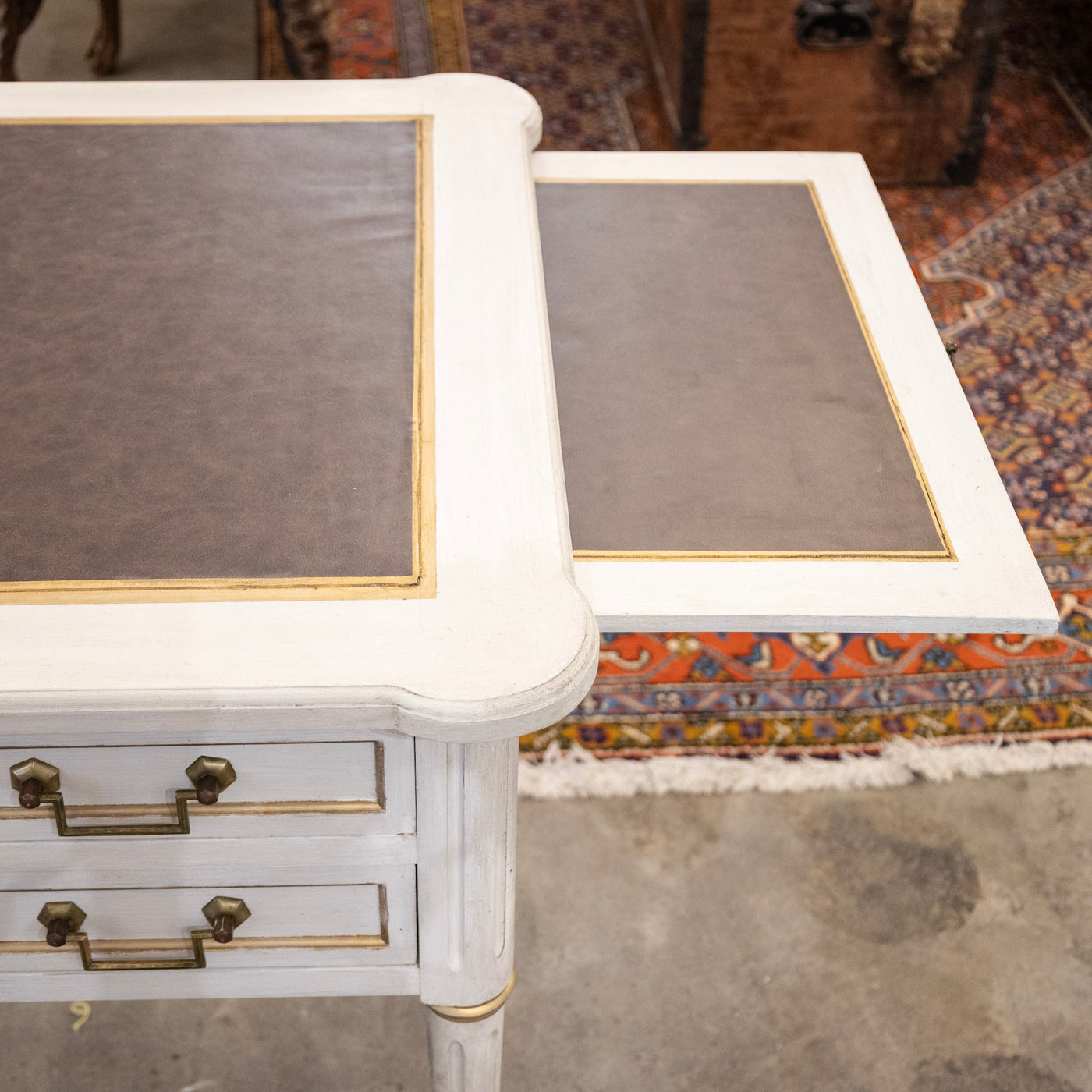 Louis XVI White Painted Desk with Gold Trim – Brown Leather Top & Slide-Out Panels