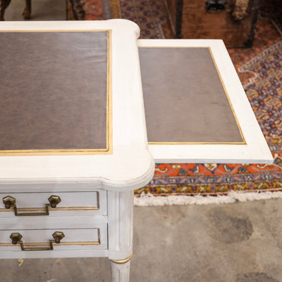 Louis XVI White Painted Desk with Gold Trim – Brown Leather Top & Slide-Out Panels
