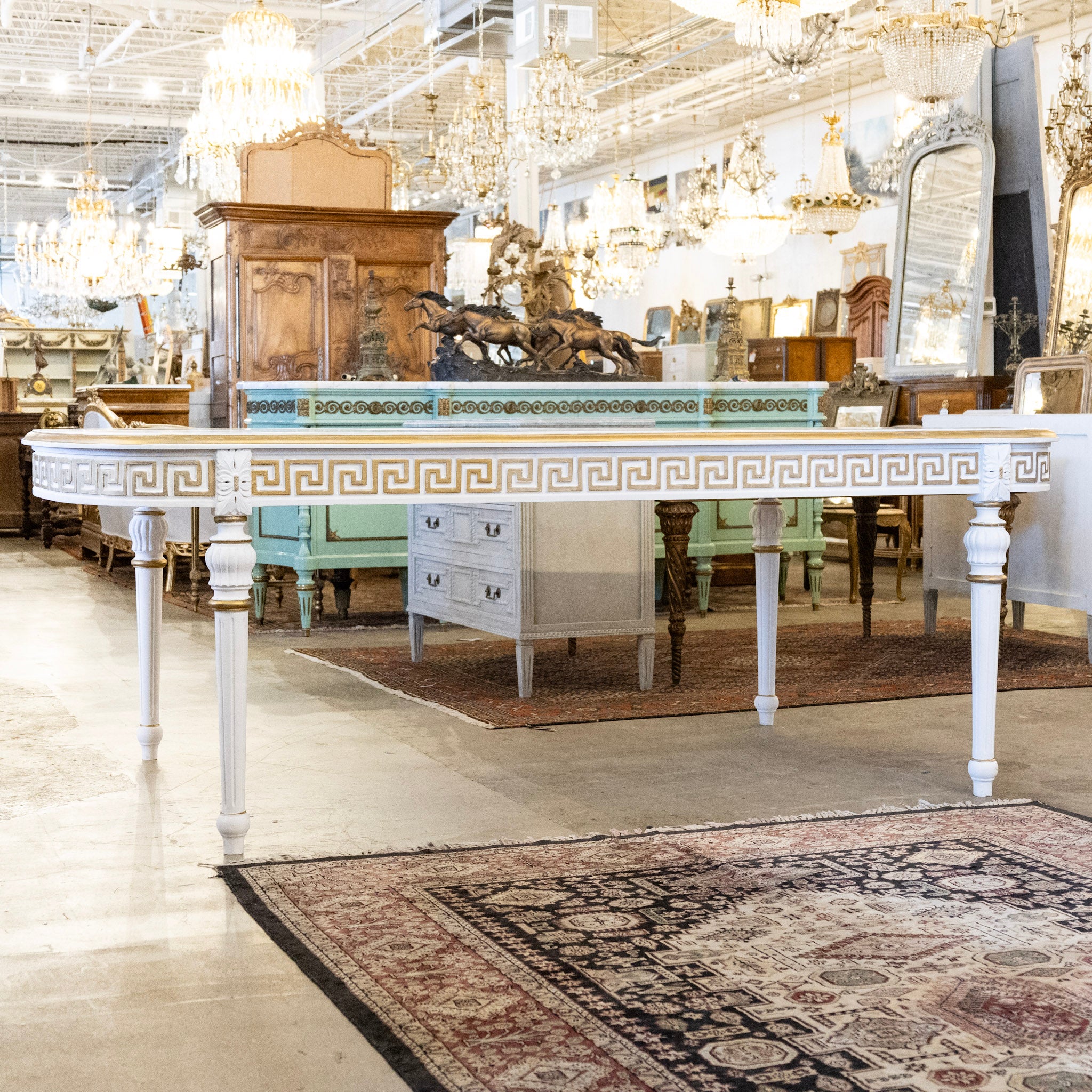 Swedish White Oval Dining Table – Gilded Greek Key Apron & Rounded Leg ...