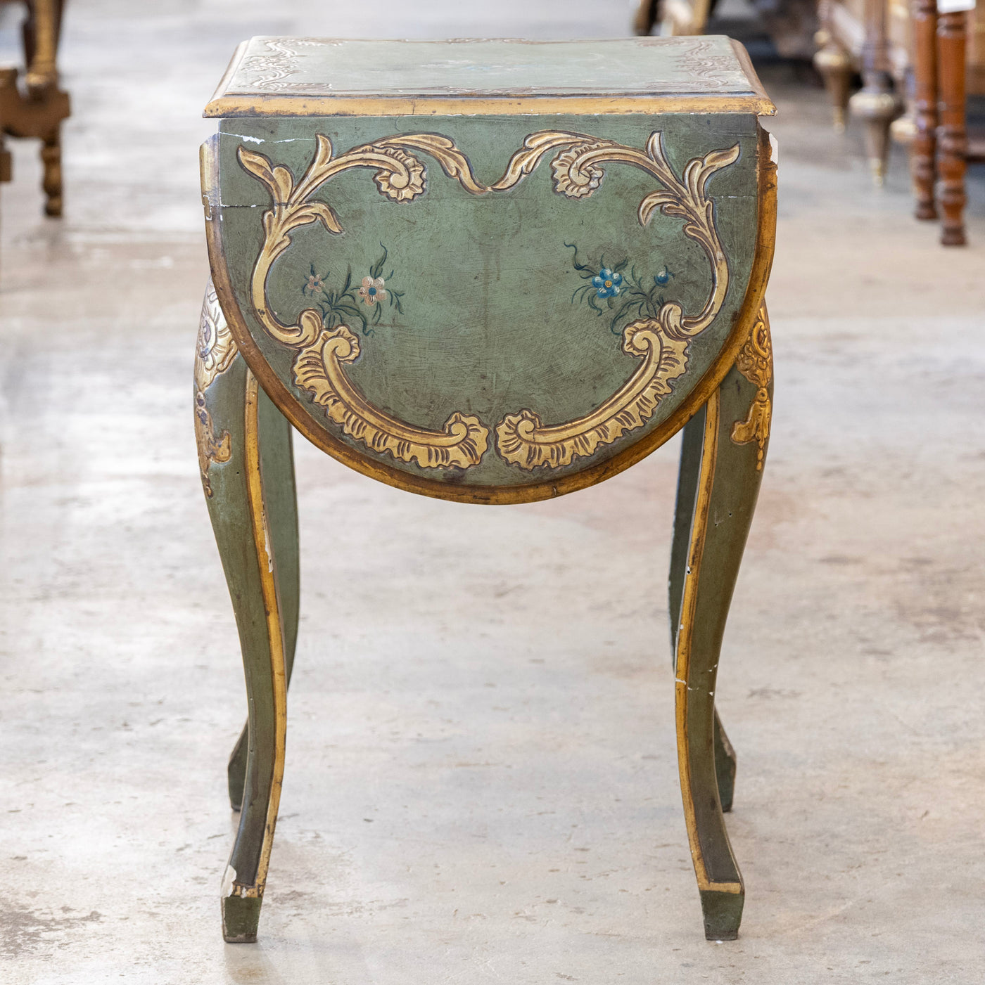 Italian Painted Green Accent Table – Drop-Leaf Sides with Gilded Accents