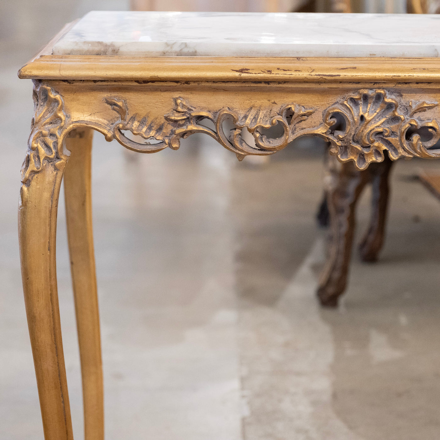 Louis XV Long Gilded Side Table – White Marble Top