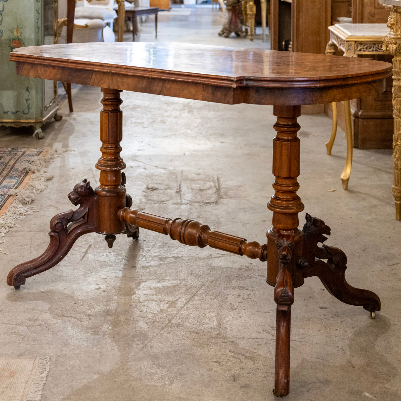 French Wood Center Table – Burl Wood Top & Carved Lion Legs on Casters