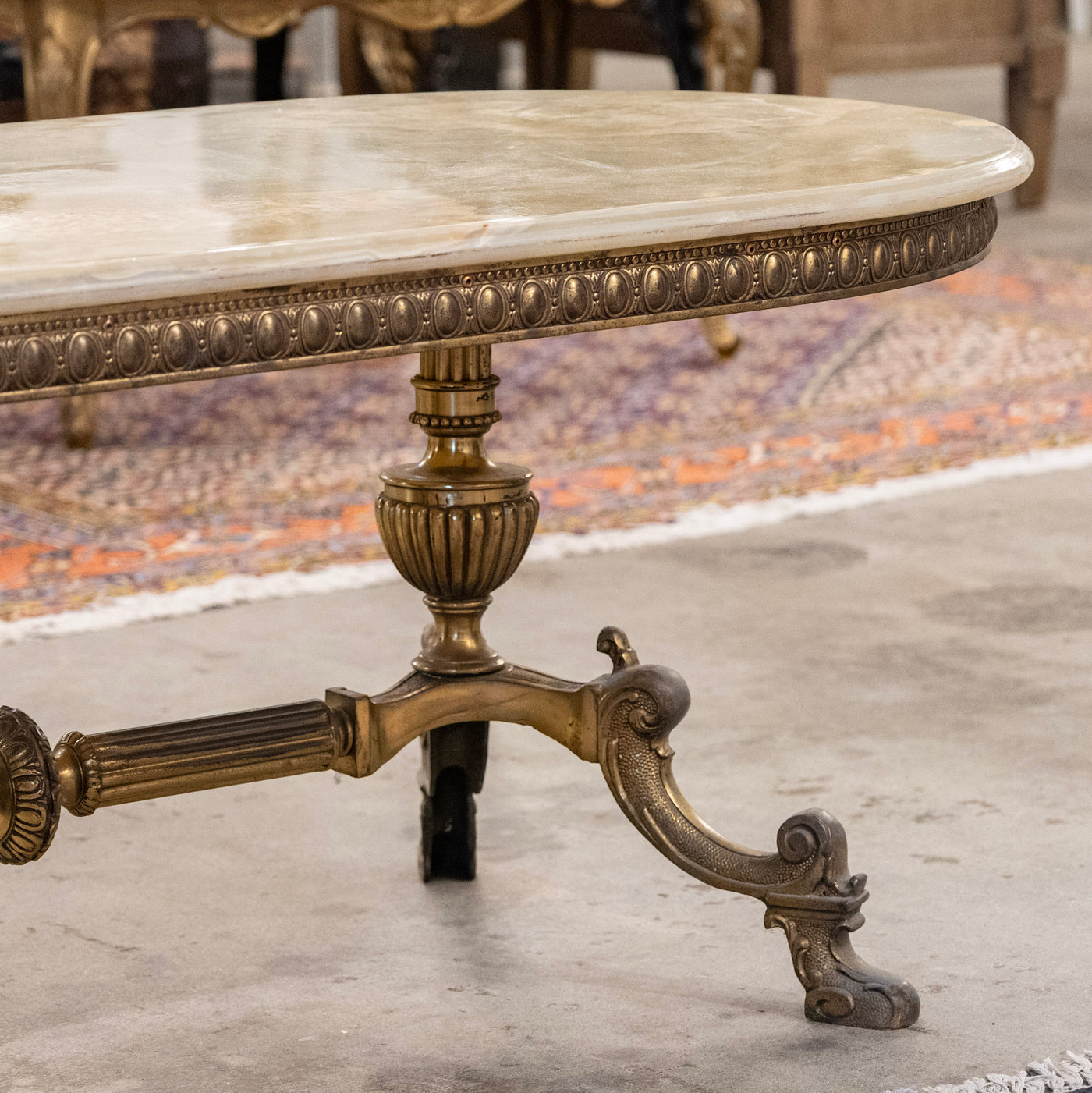 French Brass Oval Coffee Table – Green Onyx Top