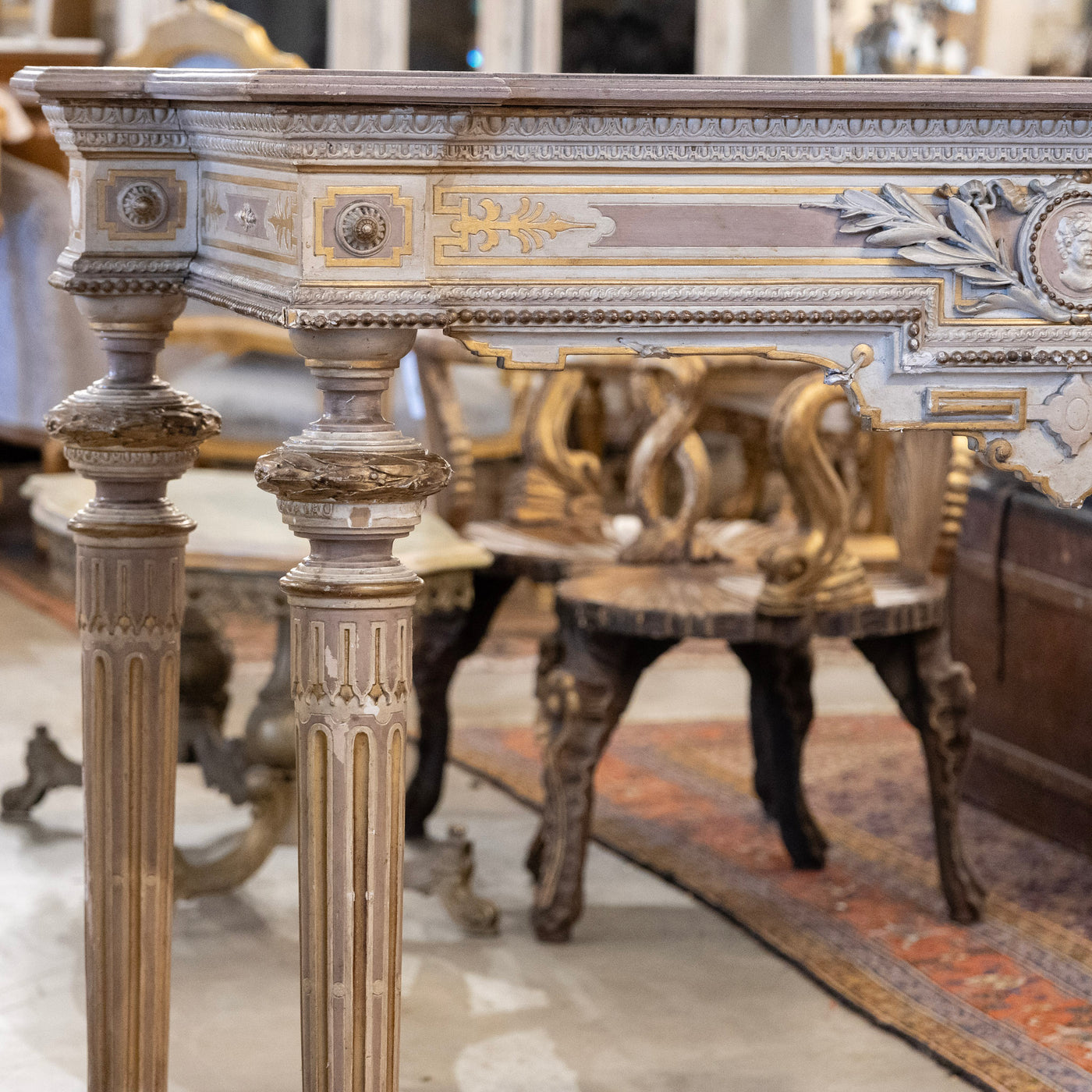 Louis XVI Painted Console Table – Carved & Medallion Details