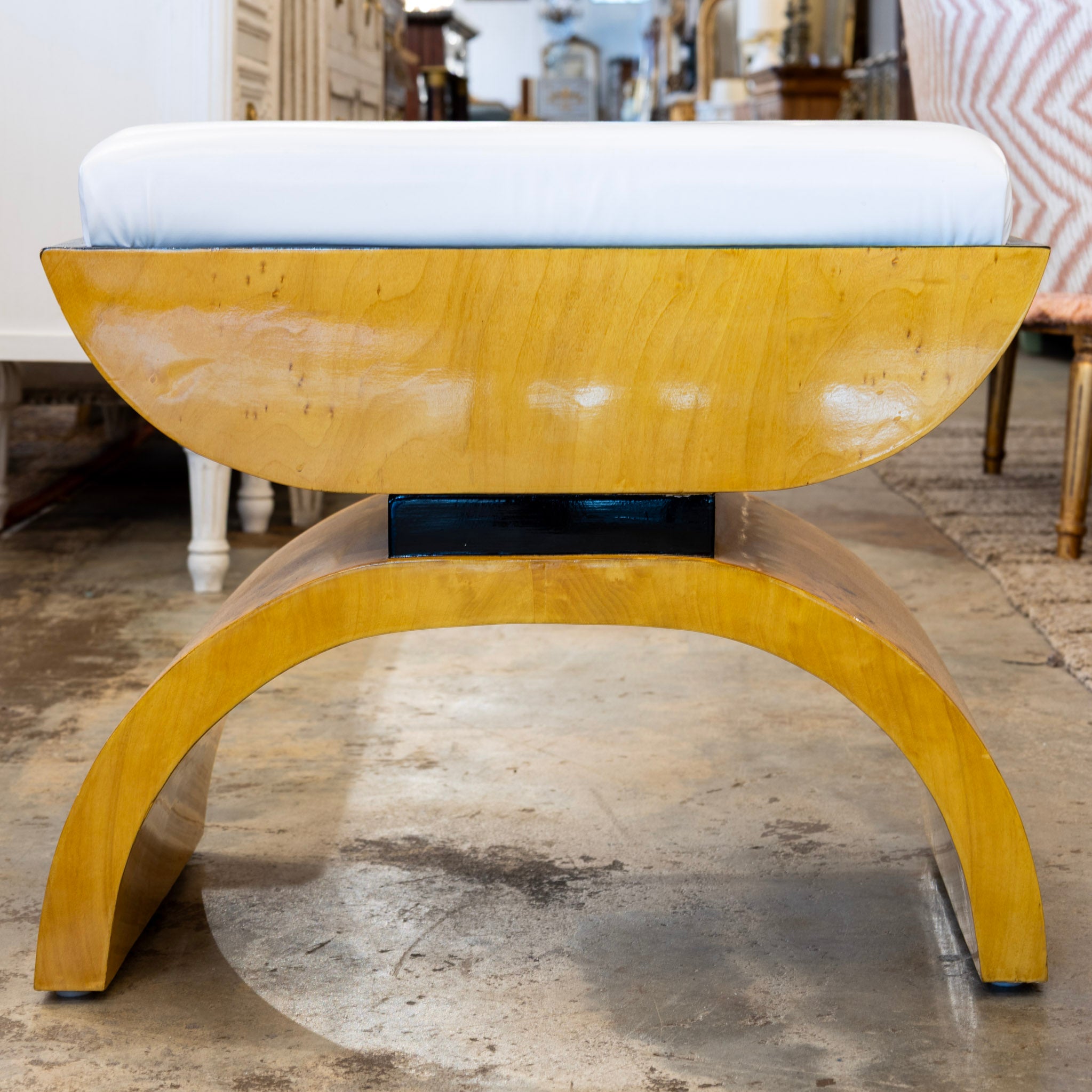 Art Deco Curved Leg Stool – Burl Wood Finish & White Seat – Le Chateau