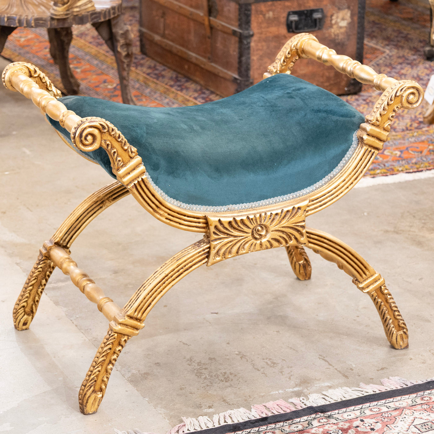 Boudoir Stool – Gold Carved Trim & Dark Green Velvet Upholstery