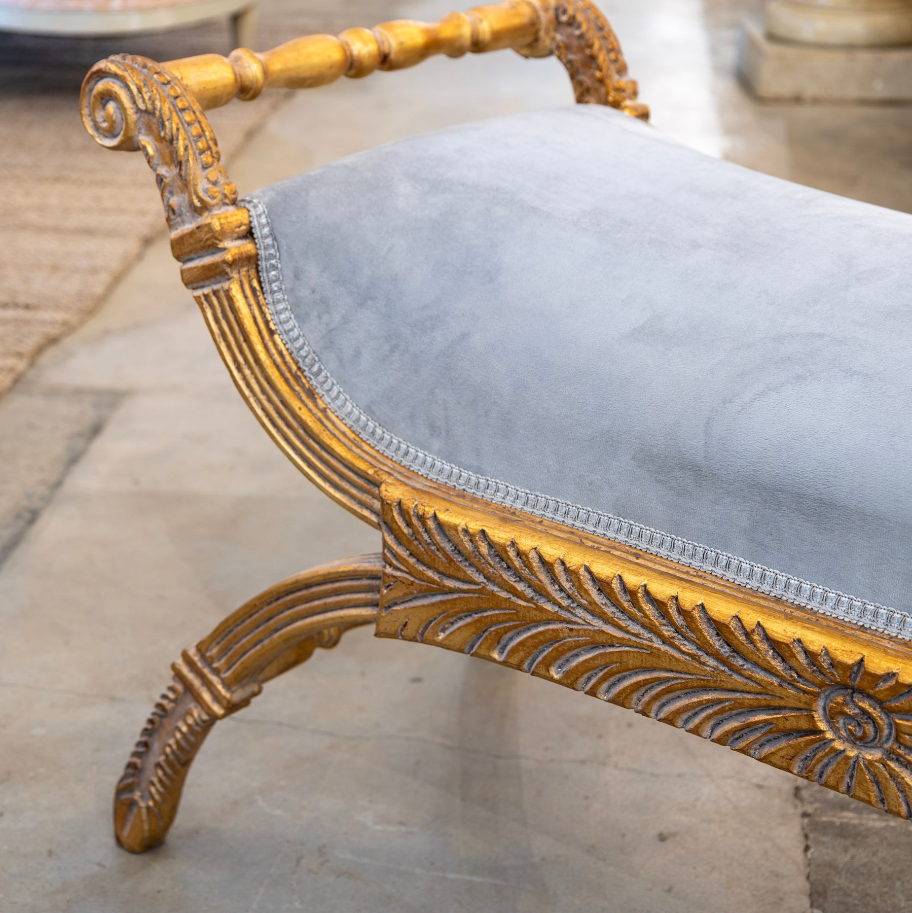 Boudoir Bench – Carved Detailing & Blue Velvet Seat – Le Chateau