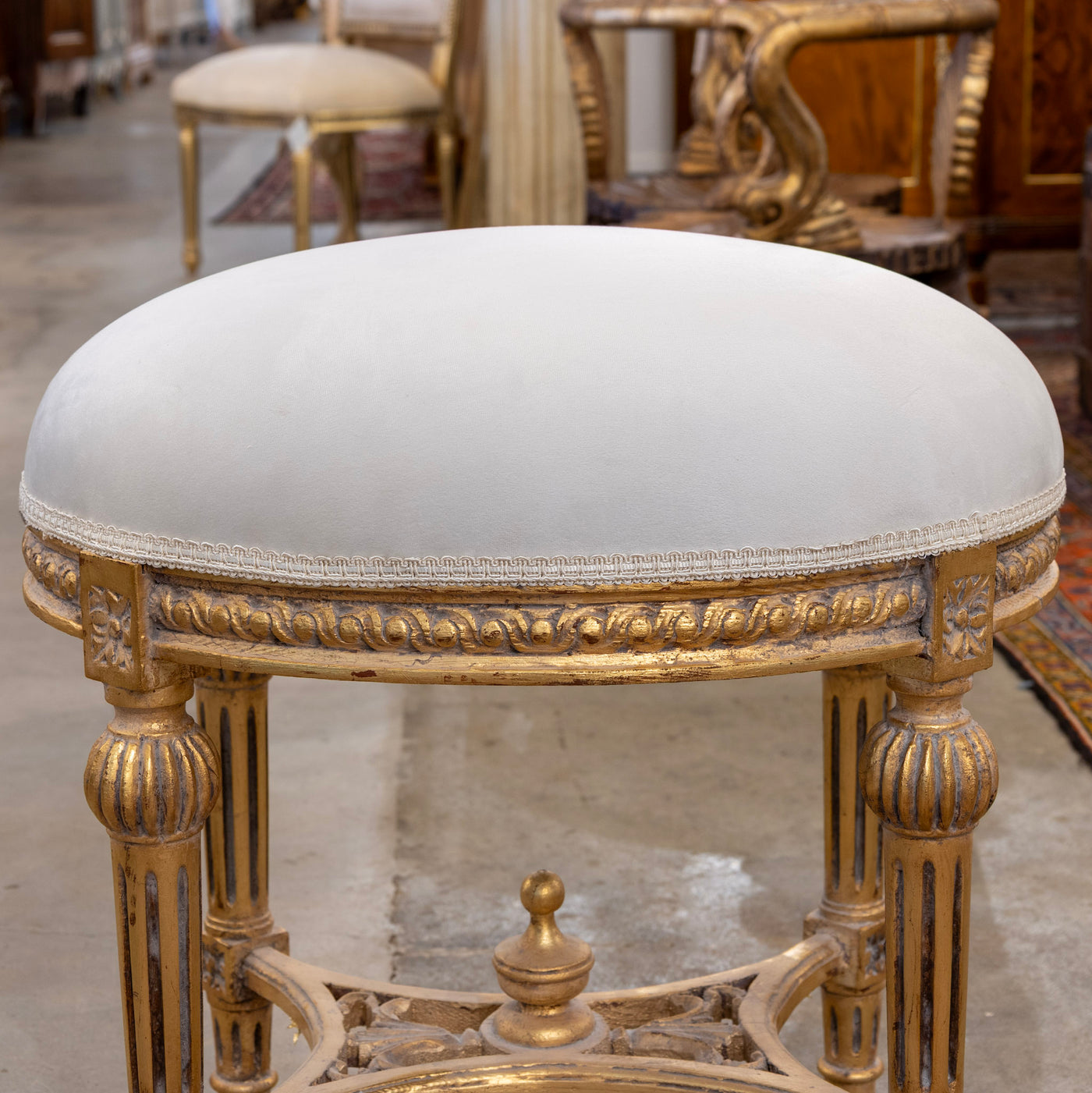 Louis XVI Gilded Round Stool – White Velvet Upholstery