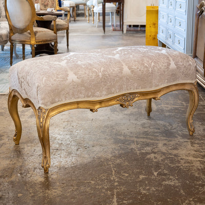 Louis XV Gilded Bench – Taupe Damask Upholstery