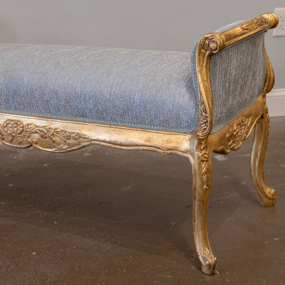 Louis XV Gilded Bench – Carved & Blue Silk Weave Upholstery