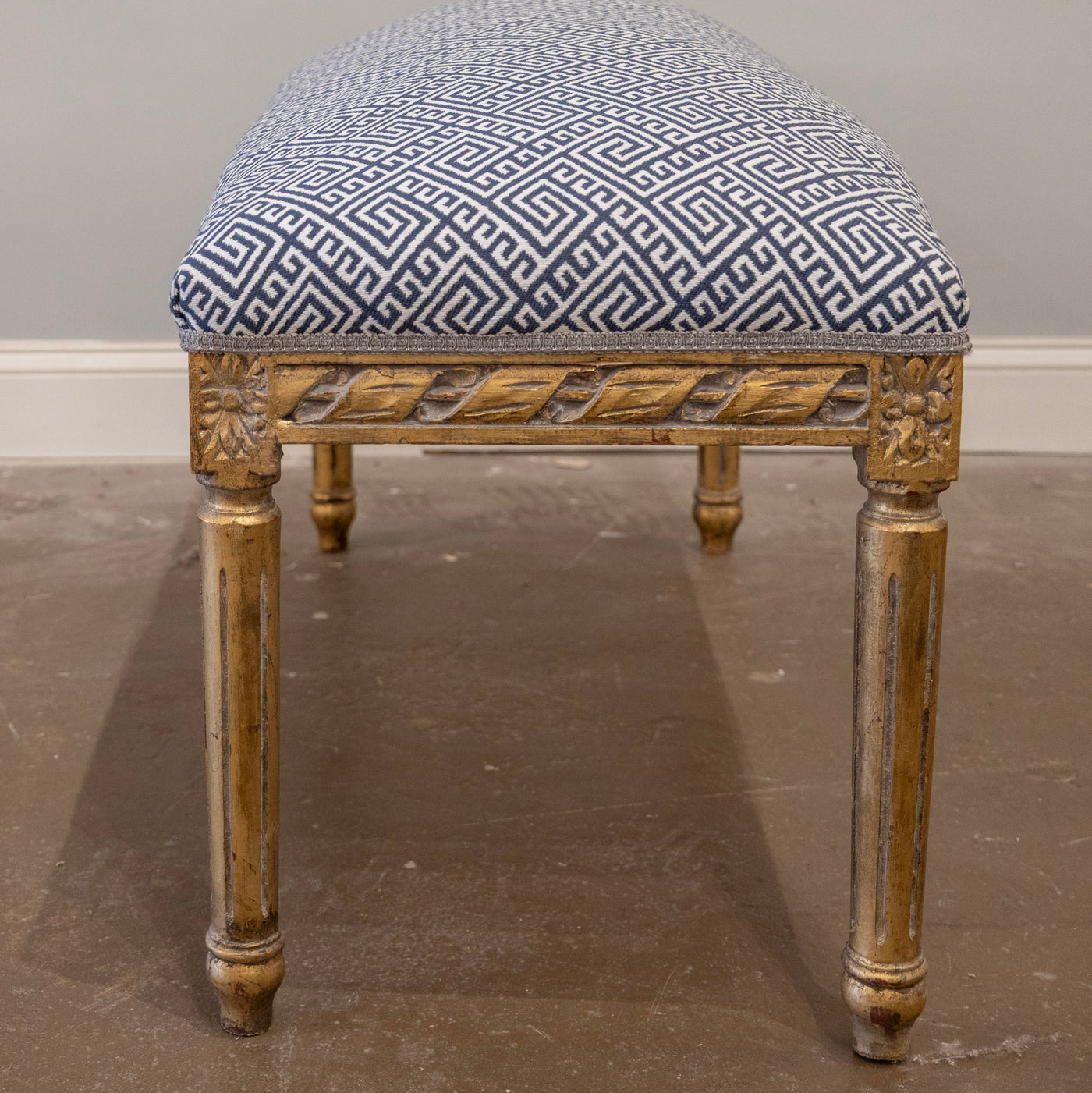 Louis XVI Gilded Bench – Blue & White Greek Key Linen Upholstery