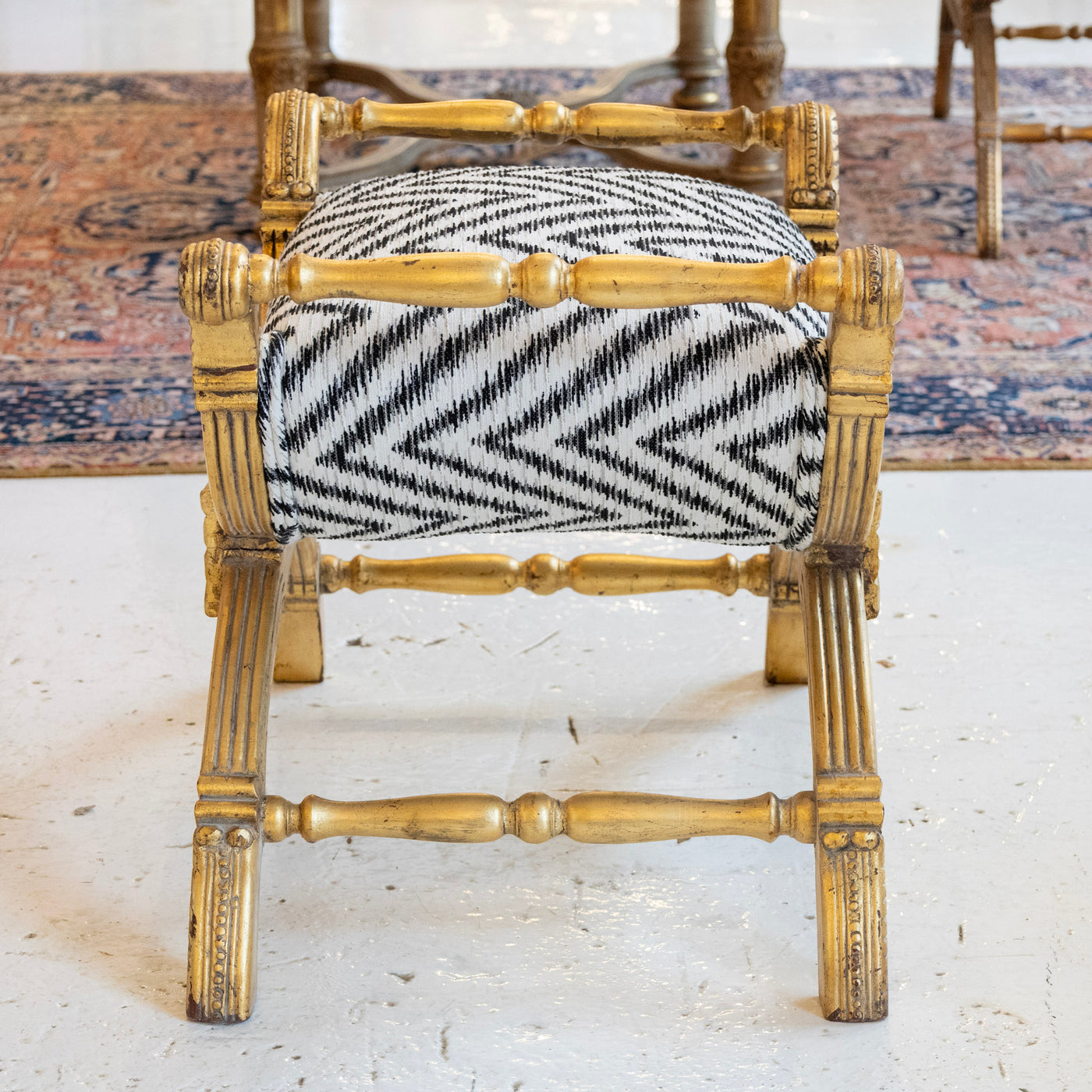 Gilded Boudoir Stool – Black and White Linen Chevron Upholstery