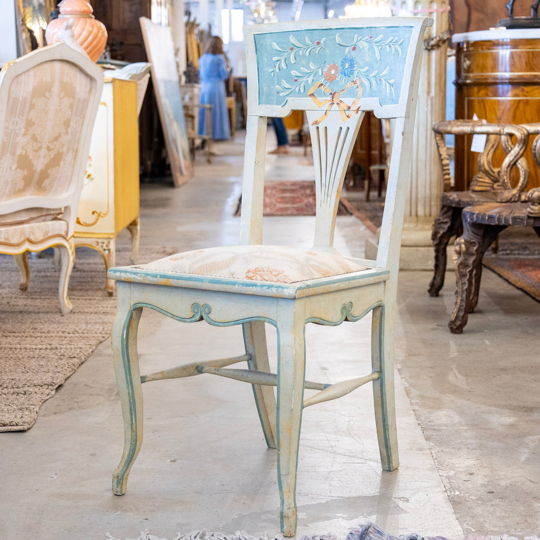 Set of Italian Side Chair in Blue – Hand-Painted Floral Motifs  Distressed Finish
