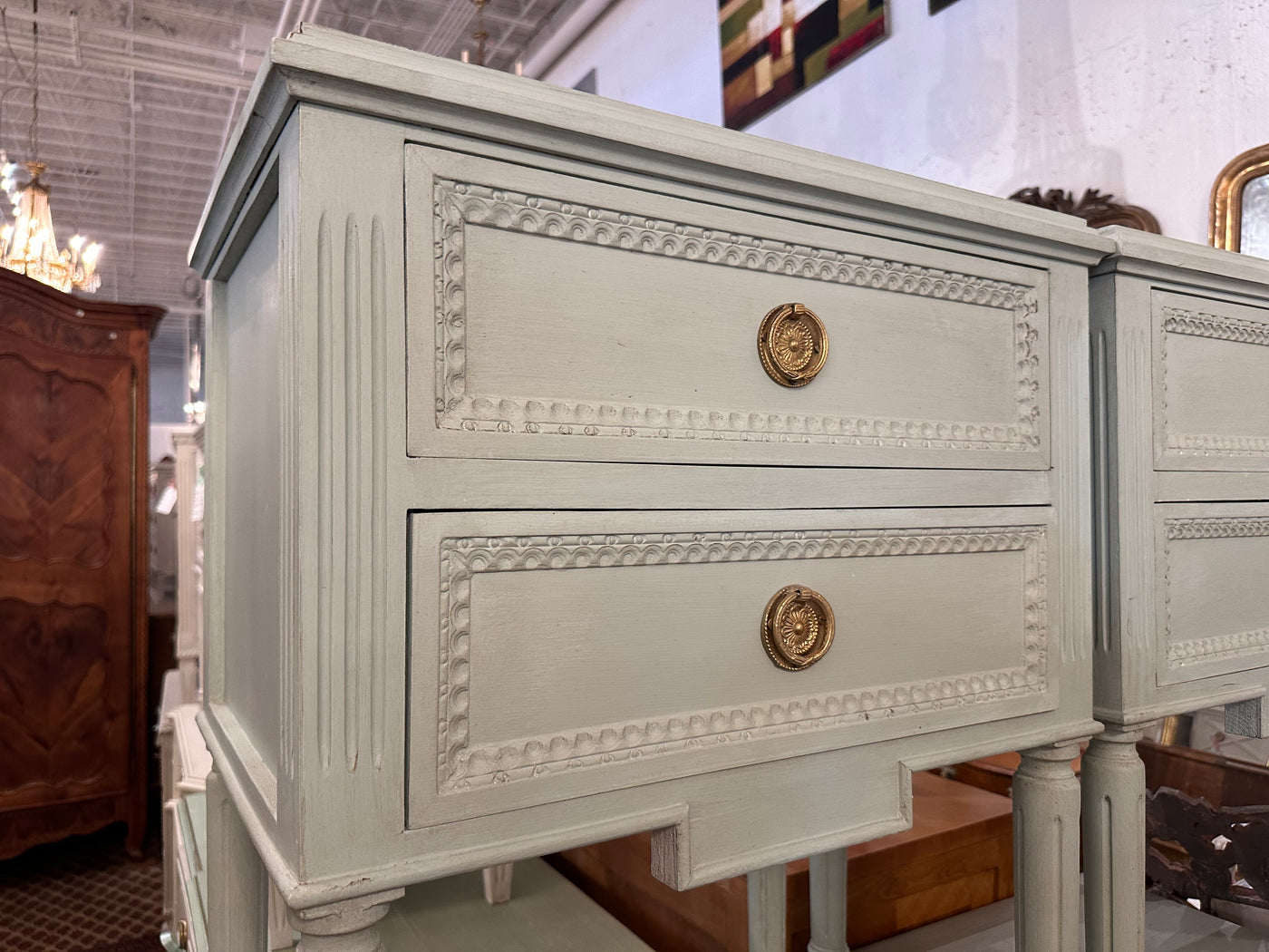 Light Green Swedish Antique Nightstand | Le Chateau | European Luxury Furniture in Atlanta