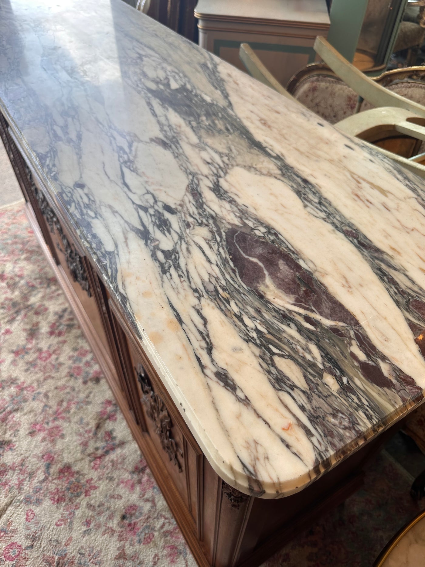 Walnut Wood French Sideboard with Multi Color Marble Top