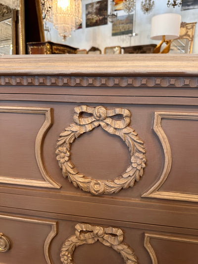 Early 1900s Swedish Wreath Carved Chest in Mauve | Le Chateau | European Luxury Furniture in Atlanta