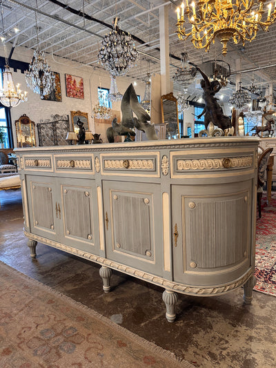 Antique Swedish Demilune Sideboard in French Blue & White | Le Chateau | European Luxury Furniture in Atlanta