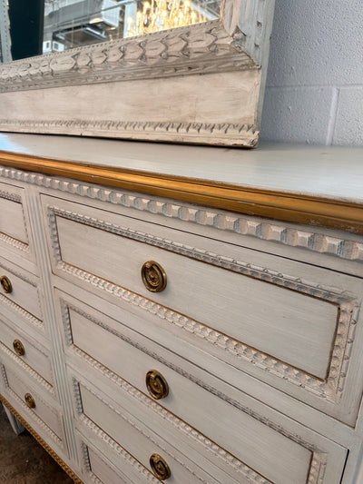 Swedish 12 Drawer Dresser in Dirty White with Gold Trim