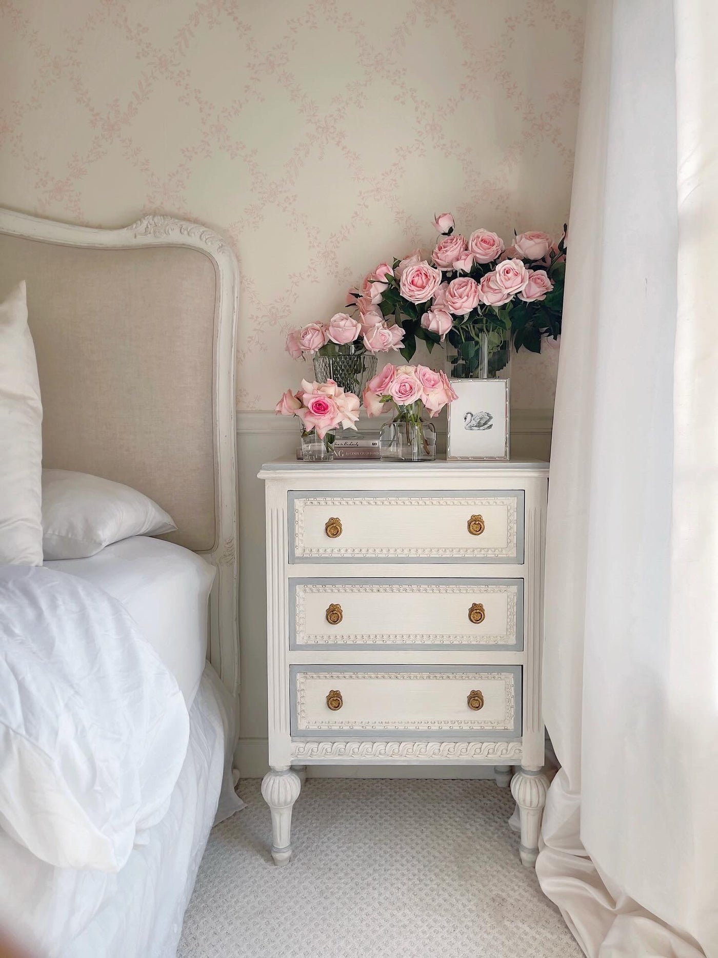 Swedish Nightstand with Ballerina Legs in an Off-White with Light Blue Trim