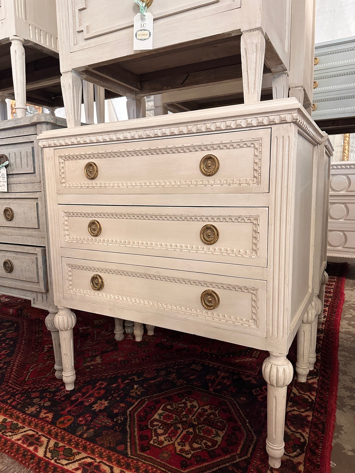 Swedish Nightstand with Beaded Drawers and Carved Ballerina Legs