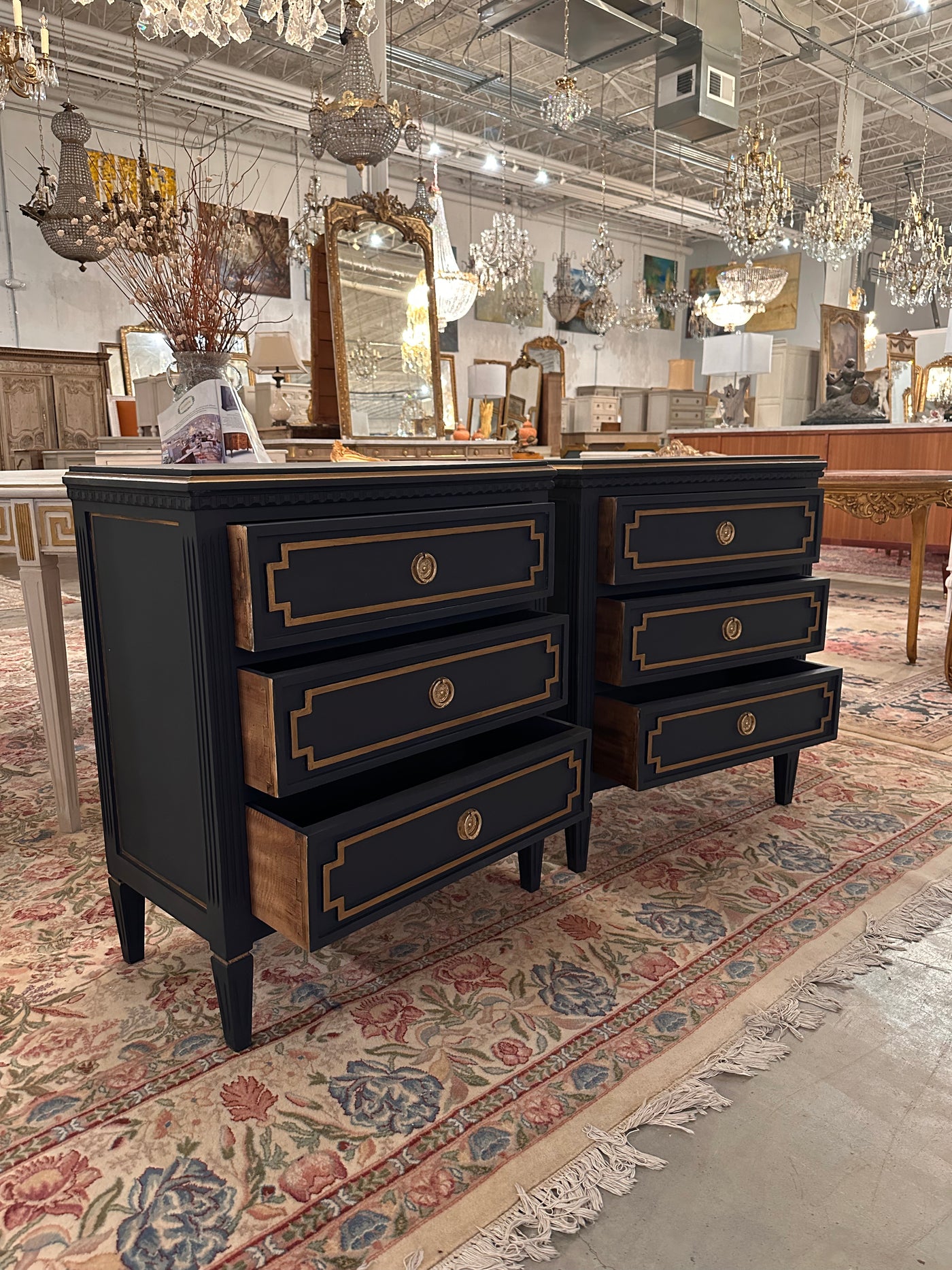 Swedish Nightstand in Navy with Gold Trim