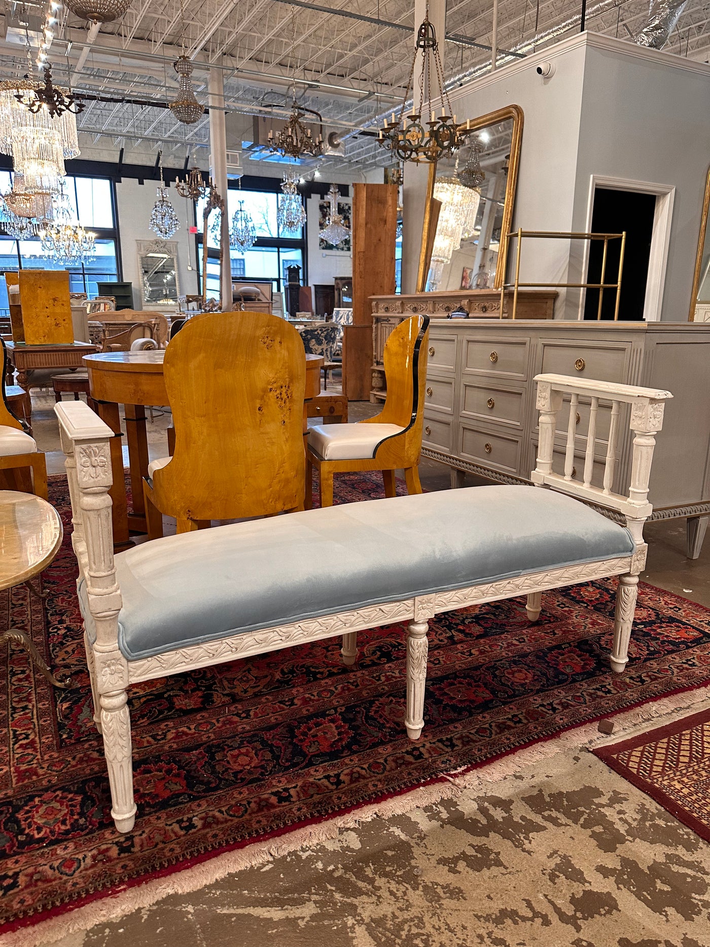 Swedish Bench with Light Blue Velvet | Le Chateau | European Luxury Furniture in Atlanta