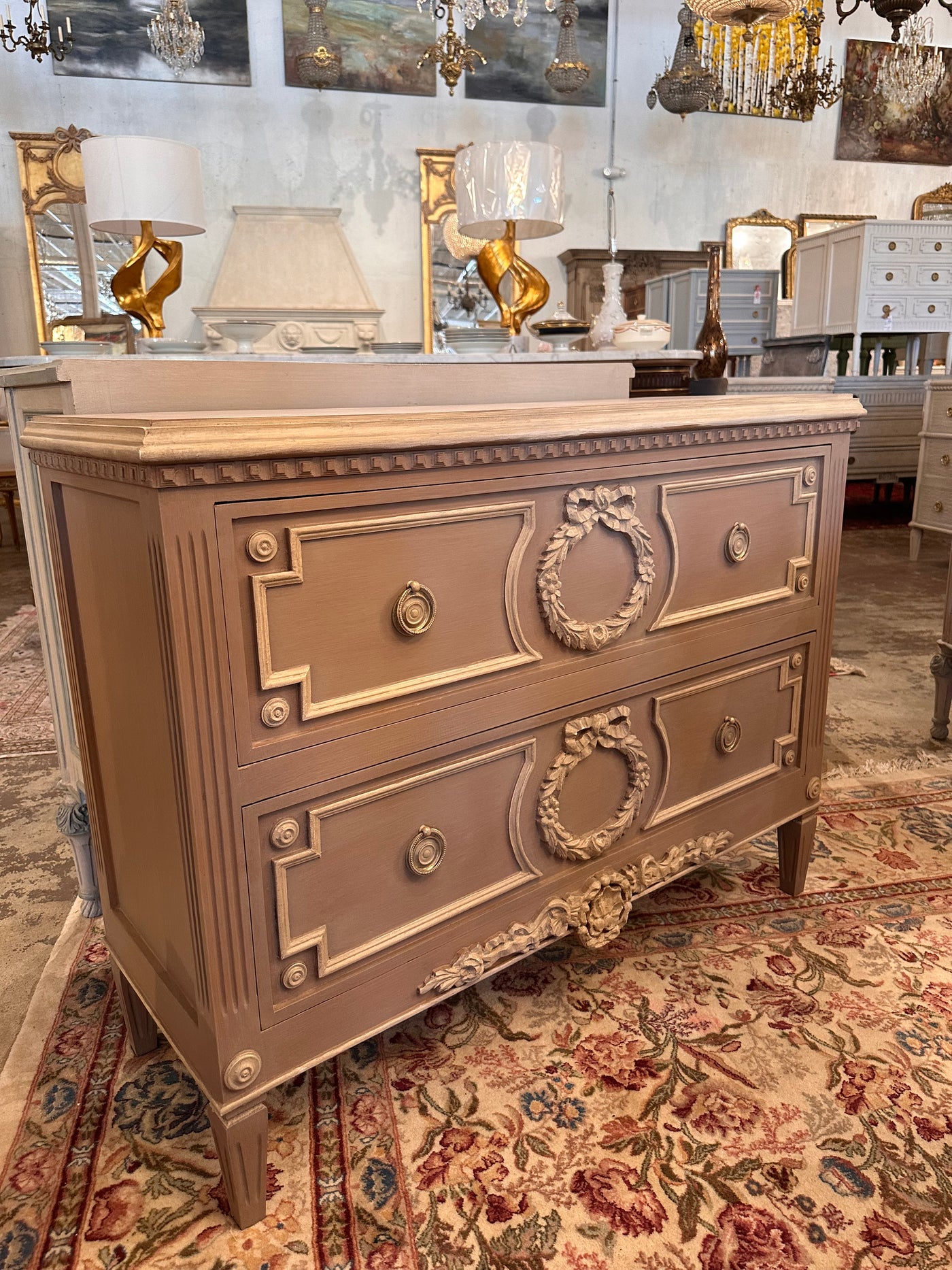 Early 1900s Swedish Wreath Carved Chest in Mauve | Le Chateau | European Luxury Furniture in Atlanta