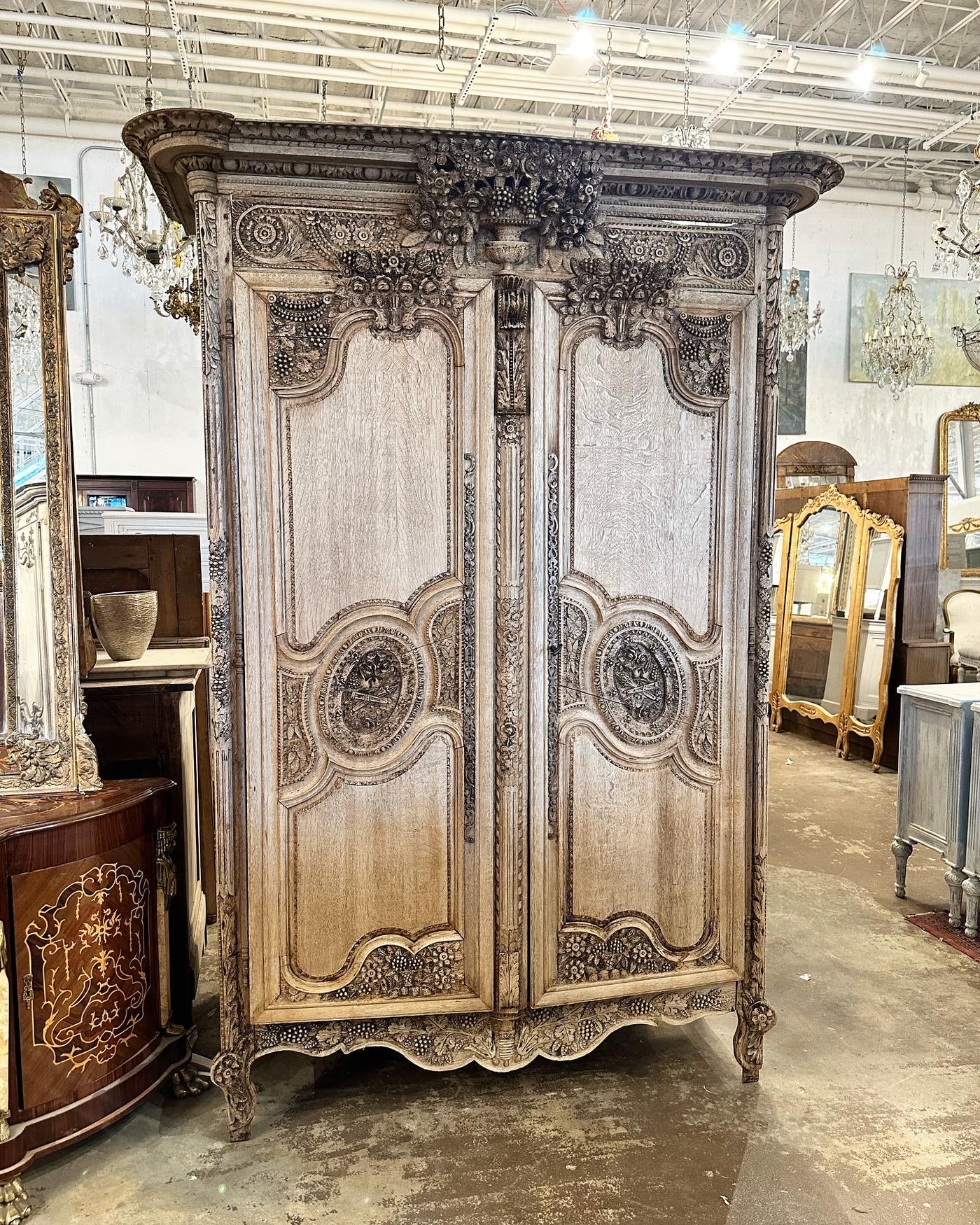 17th Century French Armoire with Carved Floral Bouquet