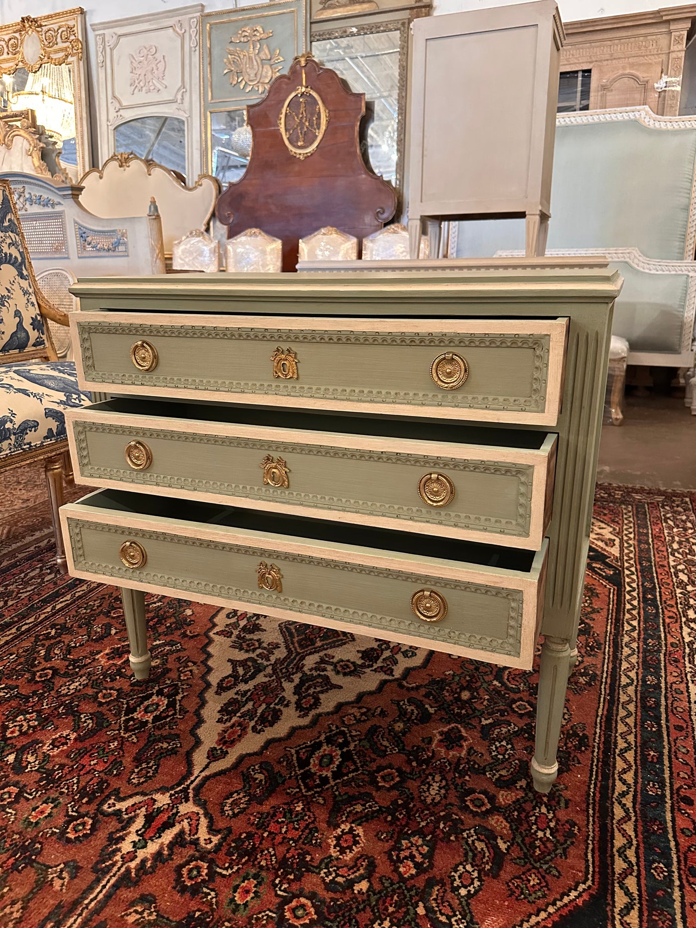 Green & White Swedish Chest with Rounded Legs | Le Chateau | European Luxury Furniture in Atlanta