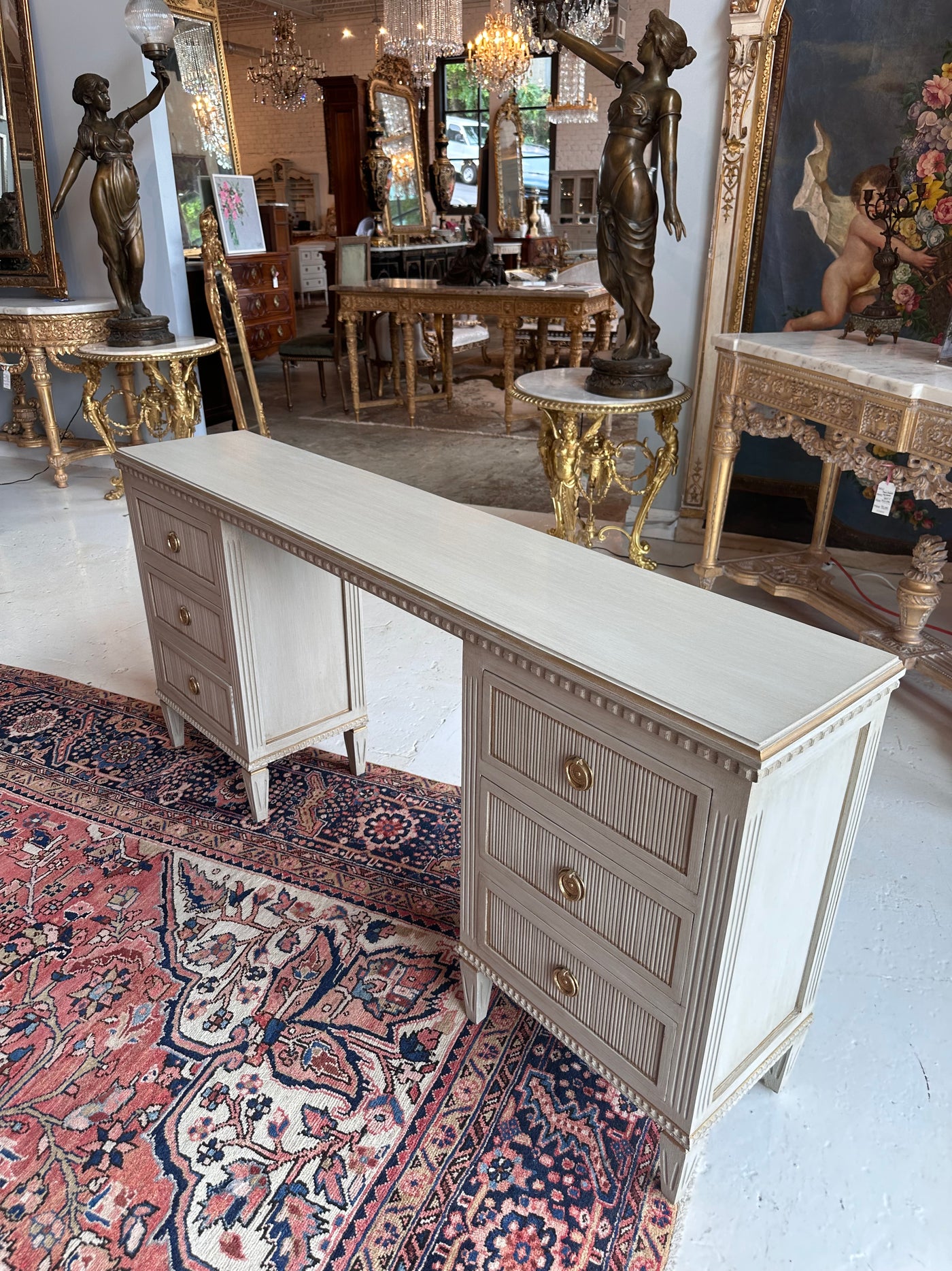 Antique Swedish Makeup Vanity Desk in Soft Gray | Le Chateau | European Luxury Furniture in Atlanta