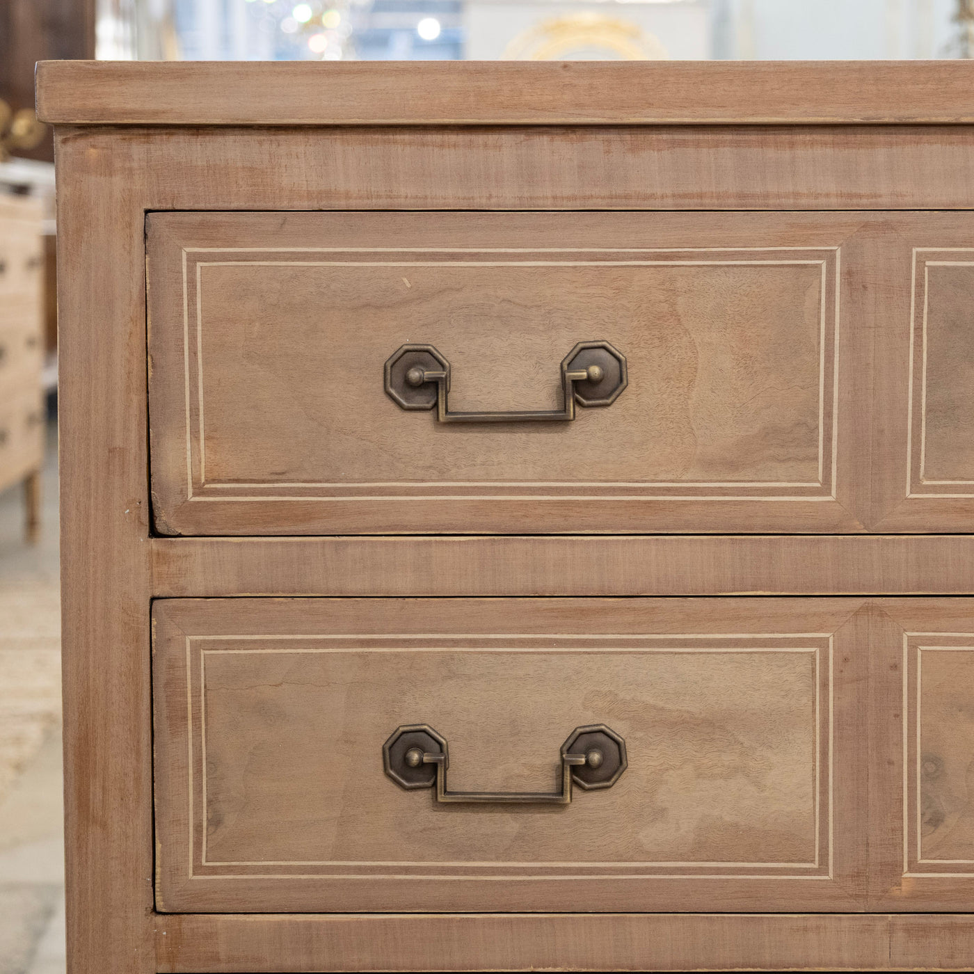 Louis XVI Stripped Burl Wood 3-Drawer Chest - Square Brass Handle