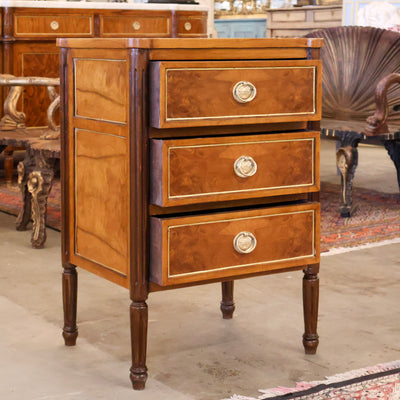 Louis XVI Burl Wood Nightstand with Rounded Wood Top & Large Brass Pulls