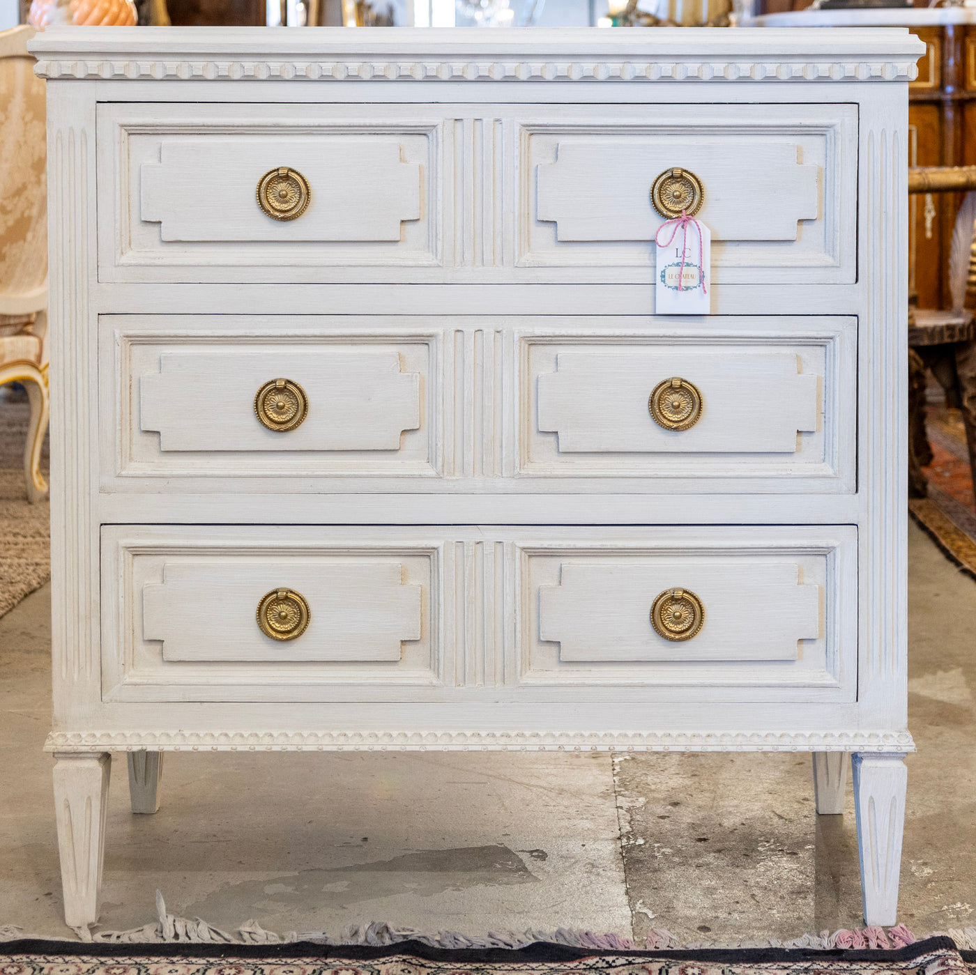 Swedish 3-Drawer Dresser – Multi-Parted Reeded Drawers & Brass Pulls in White