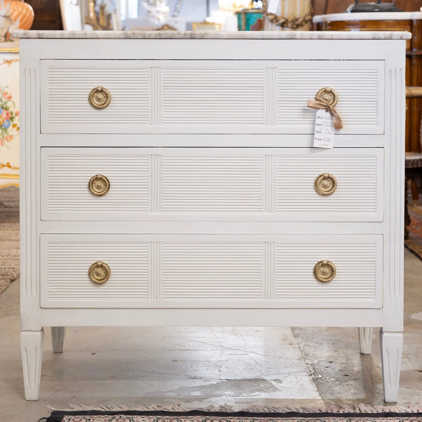 Swedish 3-Drawer Dresser – Reeded Drawers & Marble Top in Dove White