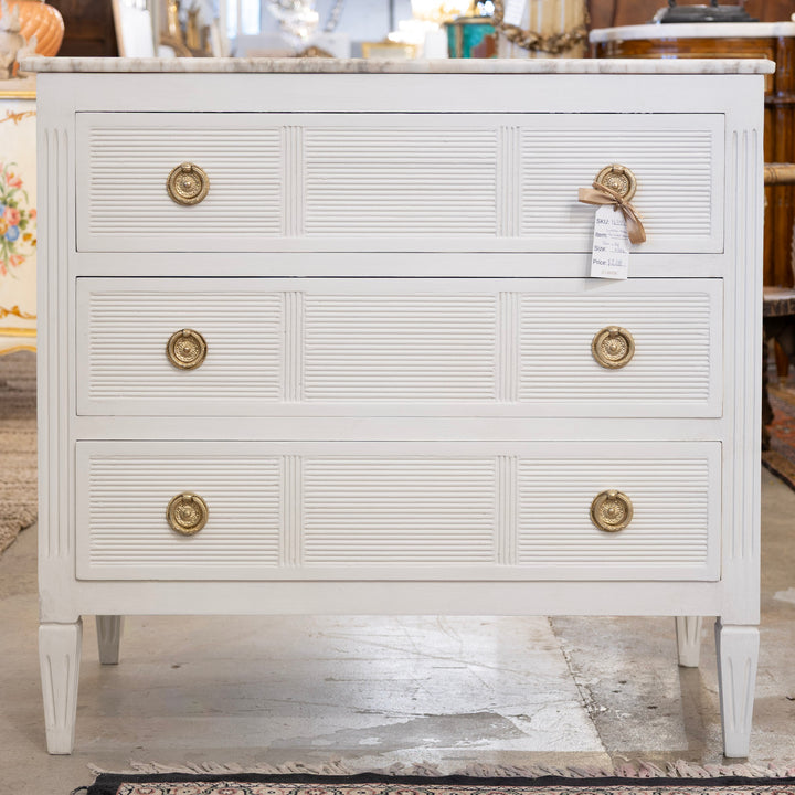 Swedish 3-Drawer Nightstand – Reeded Drawers & Marble Top in Dove White