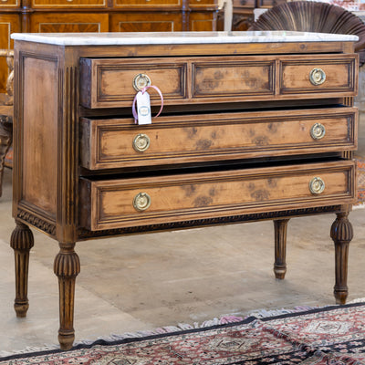 Louis XVI 3-Drawer Dresser – Honey Burl Wood & Marble Top