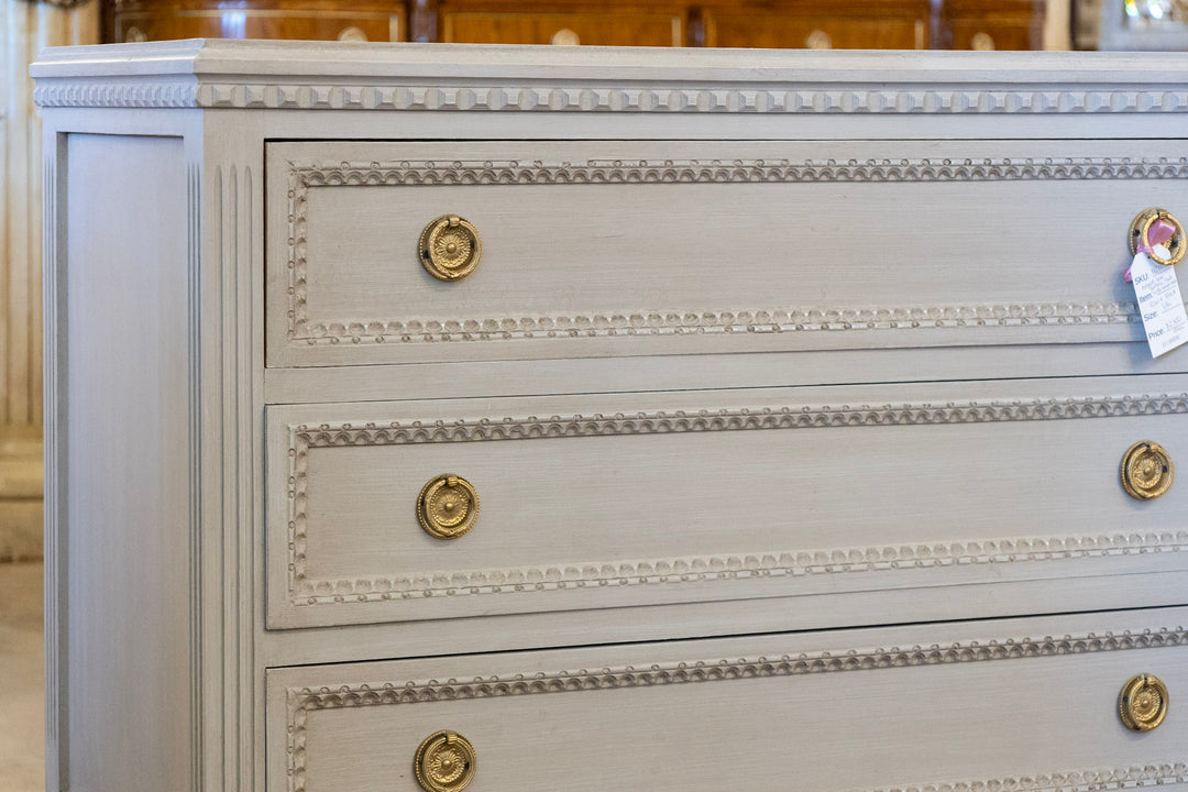 Swedish 3-Drawer Chest Beaded Drawer Trim & Brass Pulls in French Gr Le Chateau Swedish 3-Drawer Chest Beaded Drawer Trim & Brass Pulls in French Gr Le Chateau