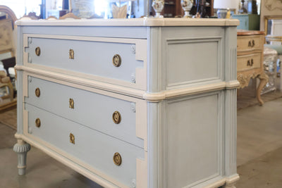 Swedish Blue 3-Drawer Dresser – Large Brass Pulls & Ballerina Legs