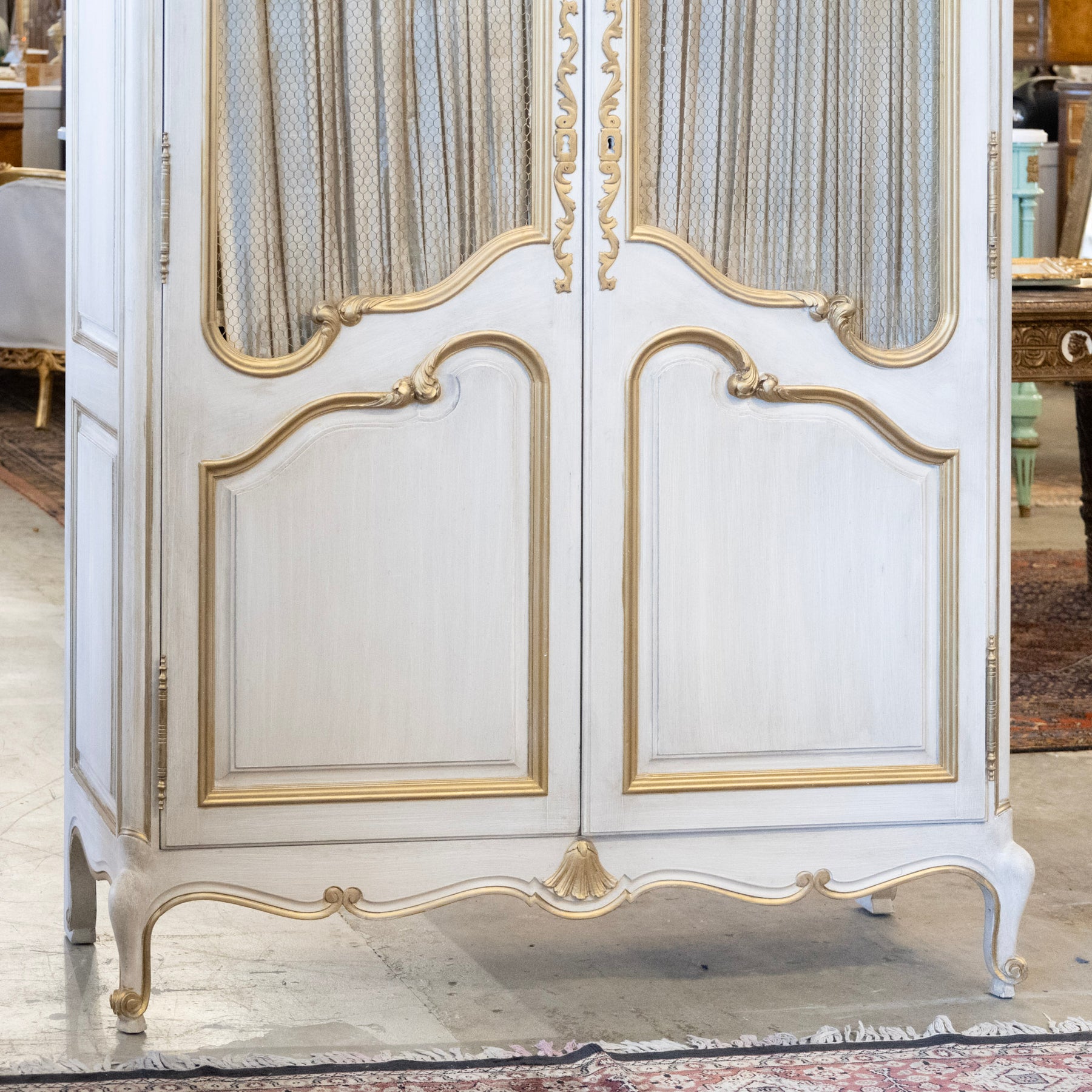 Louis XV Armoire – White Distressed Finish with Gold Trim and Fabric P ...