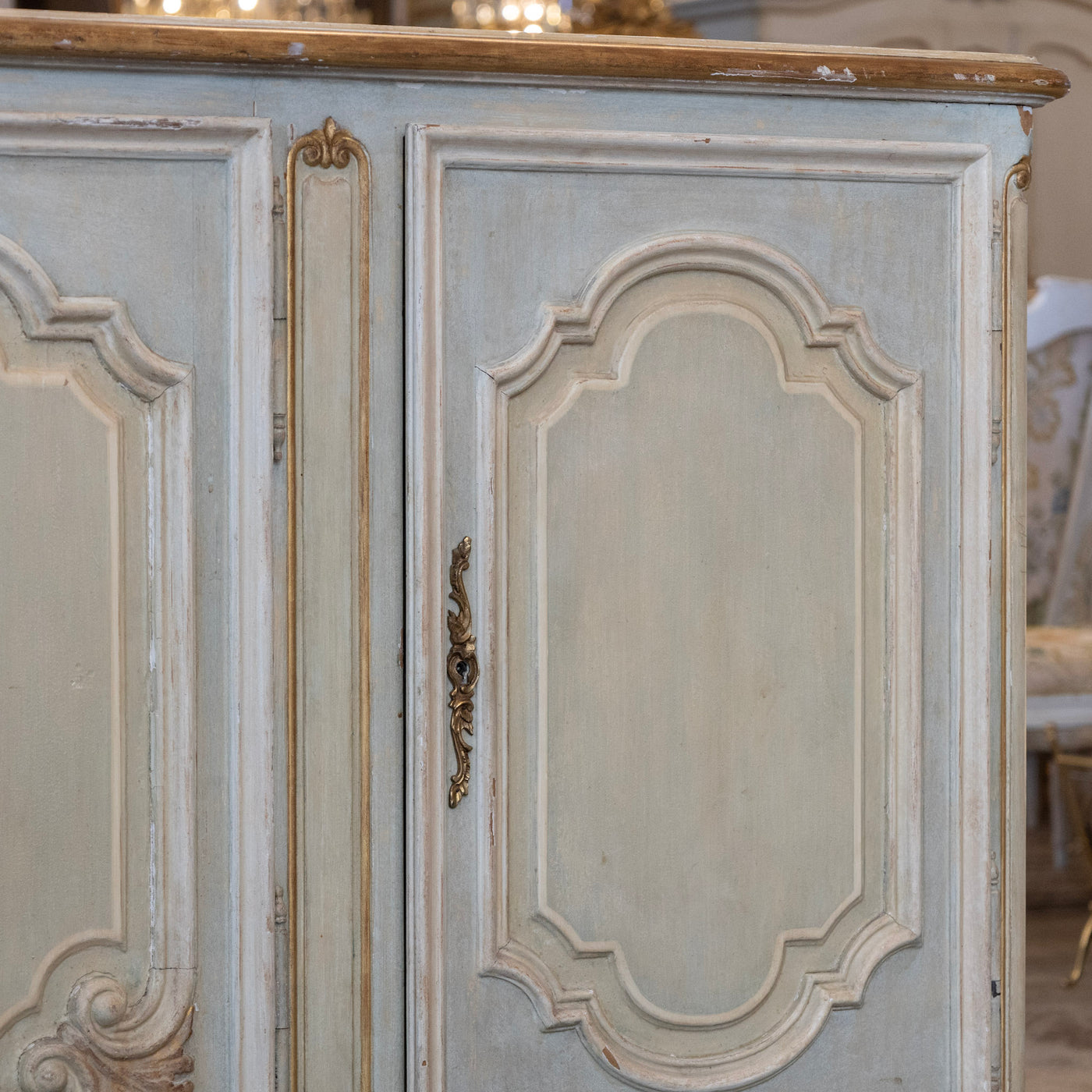 Louis XV Hand-Painted Sideboard – Distressed Finish Blue-Green & Gold Trim